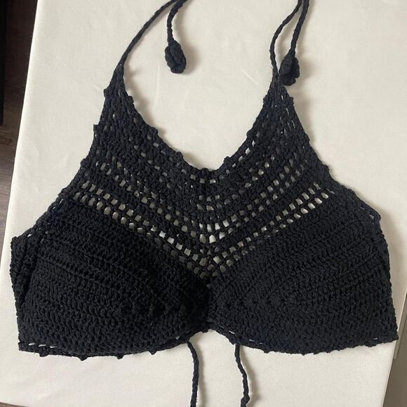 The Bikini Lab Black Crochet High Neck Halter Top Bikini Top Size Medium - Picture 6 of 8